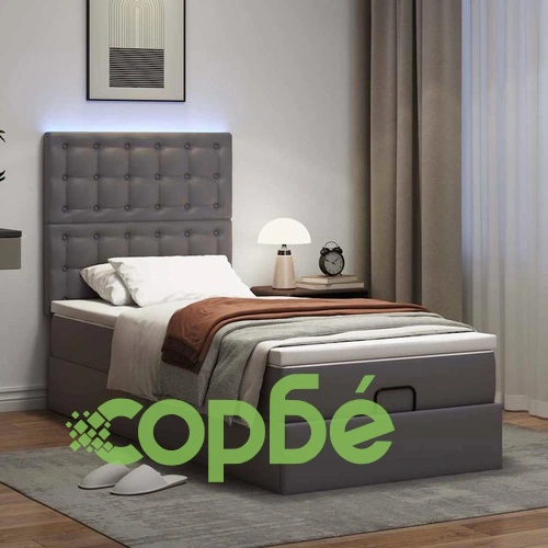 Османска спалня с матрак и LED осветление, 100x200 см, сива, изкуствена кожа ➤ топ цена ➤ sorbe.bg