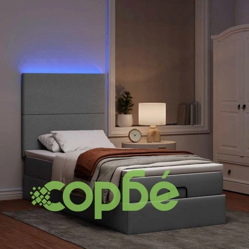 Легло тип Османска с матрак, топ матрак и LED осветление, 90x200 см, светлосив плат ➤ топ цена ➤ sorbe.bg