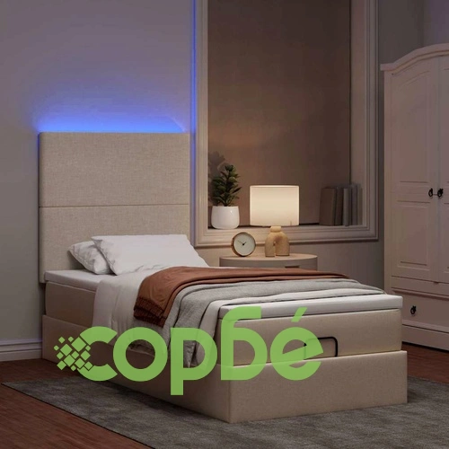 Османско легло с матрак и LED осветление, 90x200 см, кремав плат ➤ топ цена ➤ sorbe.bg