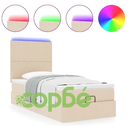 Османско легло с матрак и LED осветление, 90x200 см, кремав плат ➤ топ цена ➤ sorbe.bg