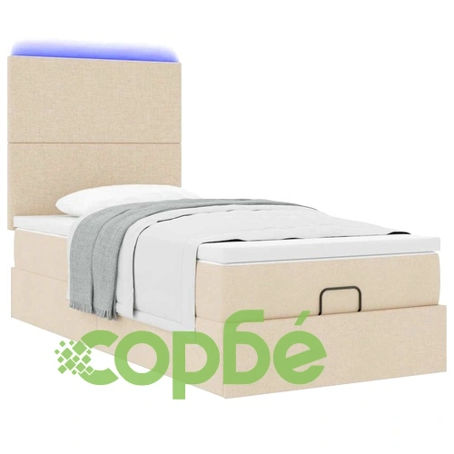 Османско легло с матрак и LED осветление, 90x200 см, кремав плат ➤ топ цена ➤ sorbe.bg