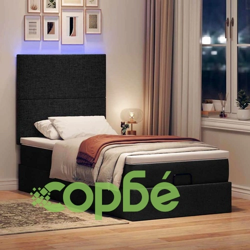 Османско легло с матрак и LED осветление, черно, 100x200 см, текстилна тапицерия ➤ топ цена ➤ sorbe.bg