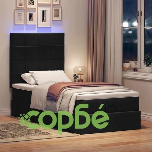 Легло тип Османка с матрак и LED осветление, черно, 90x190 см, полиестерен плат ➤ топ цена ➤ sorbe.bg