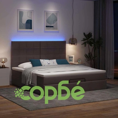 Луксозно османско легло с матрак и LED осветление, тъмнокафяво, 160x200 см, текстилна тапицерия ➤ топ цена ➤ sorbe.bg