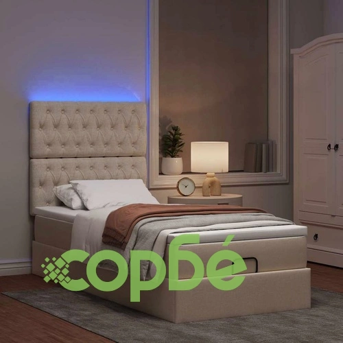 Османско легло с матрак и LED осветление, 90x200 см, кремав плат ➤ топ цена ➤ sorbe.bg