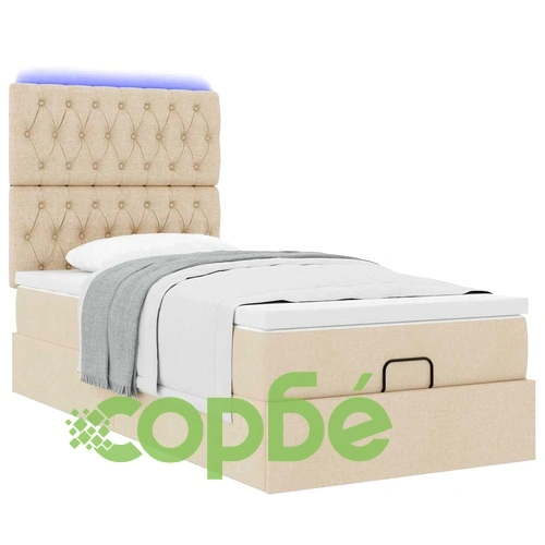Османско легло с матрак и LED осветление, 90x200 см, кремав плат ➤ топ цена ➤ sorbe.bg