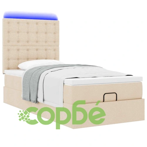 Османско легло с матрак и LED осветление, 90x200 см, кремав плат ➤ топ цена ➤ sorbe.bg