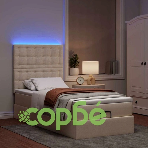 Легло с матрак тип Османска, LED осветление, кремав плат, 100x200 см ➤ топ цена ➤ sorbe.bg