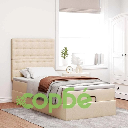 Легло с матрак тип Османска, LED осветление, кремав плат, 100x200 см ➤ топ цена ➤ sorbe.bg