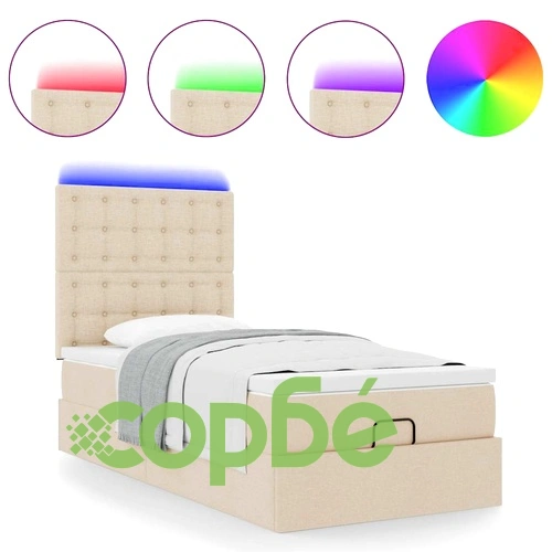Легло с матрак тип Османска, LED осветление, кремав плат, 100x200 см ➤ топ цена ➤ sorbe.bg