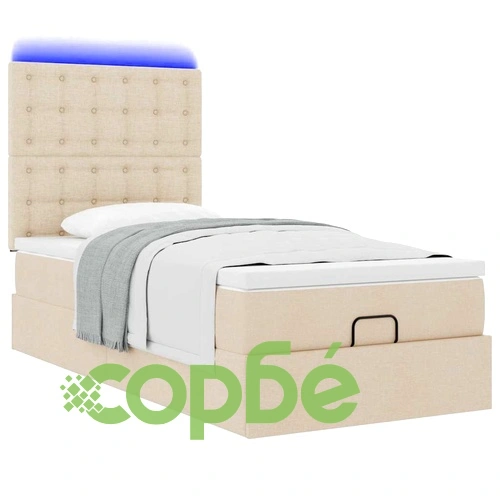 Легло с матрак тип Османска, LED осветление, кремав плат, 100x200 см ➤ топ цена ➤ sorbe.bg