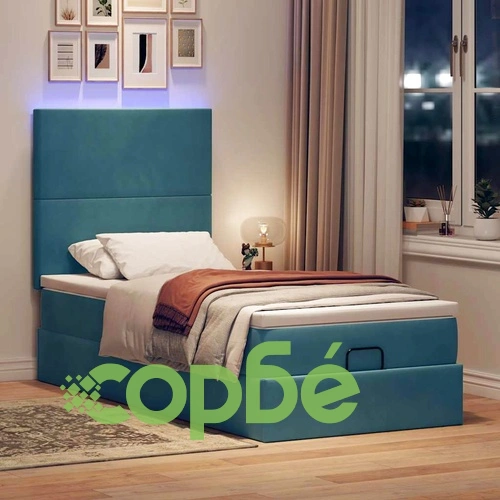Османска легло с матрак, топ матрак и LED осветление, 90x190 см, тъмносиньо кадифе ➤ топ цена ➤ sorbe.bg