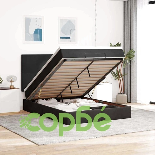 Луксозно Османско Легло с Матраци 140x190 см, LED Осветление и Кадифена Тапицерия в Черно ➤ топ цена ➤ sorbe.bg