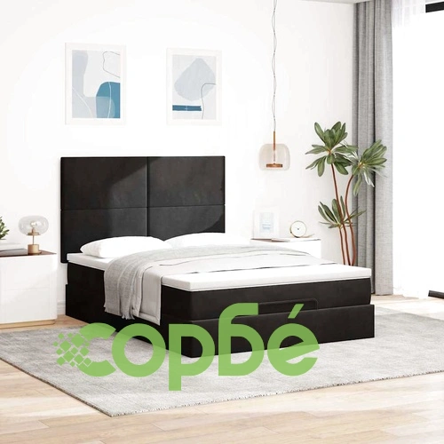 Луксозно Османско Легло с Матраци 140x190 см, LED Осветление и Кадифена Тапицерия в Черно ➤ топ цена ➤ sorbe.bg