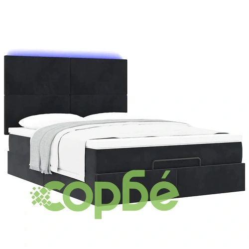 Луксозно Османско Легло с Матраци 140x190 см, LED Осветление и Кадифена Тапицерия в Черно ➤ топ цена ➤ sorbe.bg