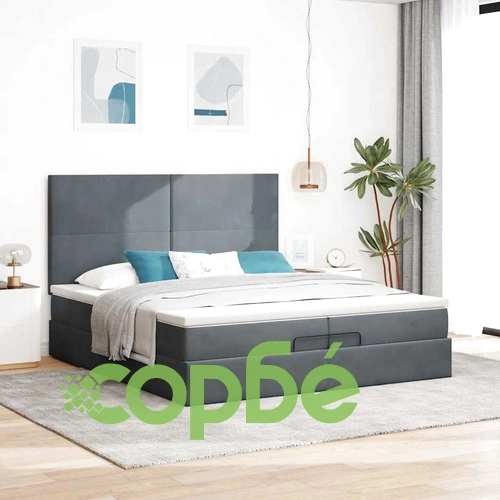 Луксозно кадифено легло тип Османска с LED осветление, 2 матрака и топер, тъмносиво, 200x200 см ➤ топ цена ➤ sorbe.bg