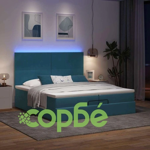 Луксозно Османско Легло с Матраци и LED Осветление, 200x200 см, Тъмносиньо Кадифе ➤ топ цена ➤ sorbe.bg
