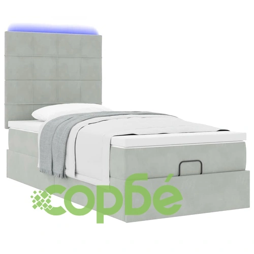 Османска легло с матрак и LED осветление, 90x190 см, светлосиво кадифе ➤ топ цена ➤ sorbe.bg