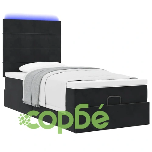 Луксозно османско легло с матрак и LED осветление, 90x190 см, черно кадифе ➤ топ цена ➤ sorbe.bg