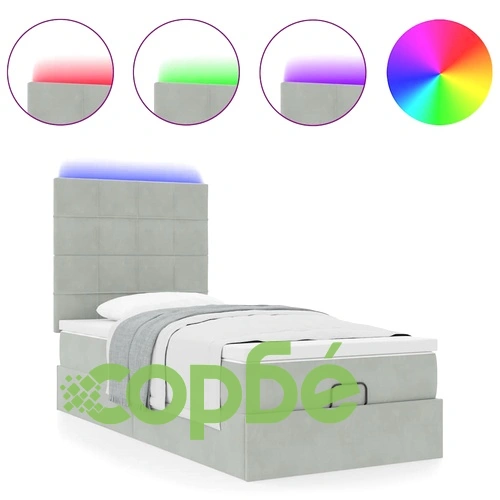 Османско легло с матрак и LED осветление, 90x200 см, светлосиво кадифе ➤ топ цена ➤ sorbe.bg