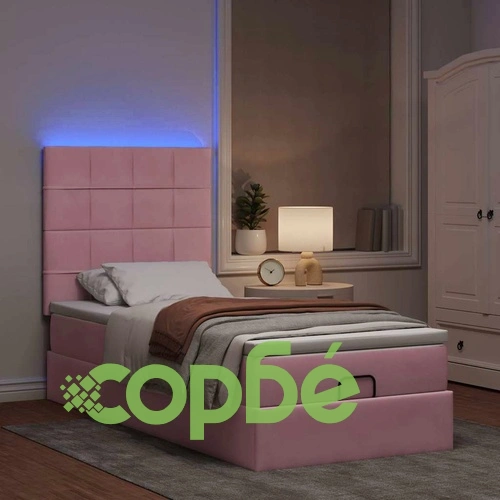 Луксозно османско легло с матрак и LED осветление, розово, 90x200 см, кадифе ➤ топ цена ➤ sorbe.bg