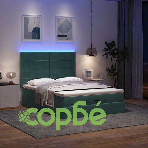 Луксозно османско легло с матраци и LED осветление, тъмнозелено кадифе, 140x190 см ➤ топ цена ➤ sorbe.bg