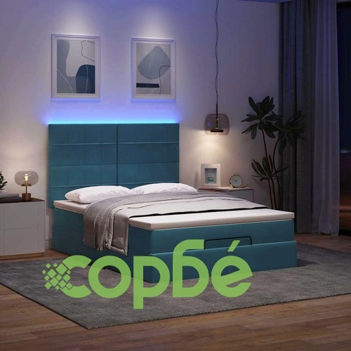 Луксозно османско легло от кадифе с матраци и LED осветление, тъмносиньо, 140x200 см ➤ топ цена ➤ sorbe.bg