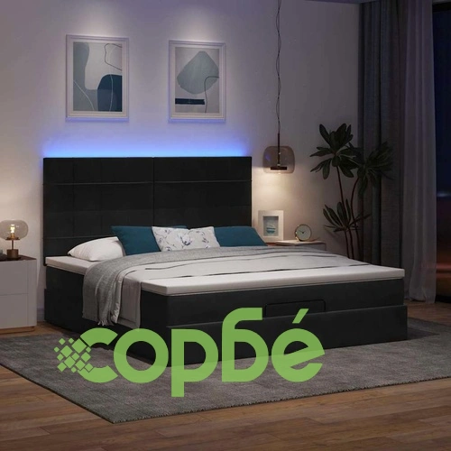 Луксозно Османско Легло от Черно Кадифе с Матрак, Топ Матрак и LED Осветление, 180x200 см ➤ топ цена ➤ sorbe.bg