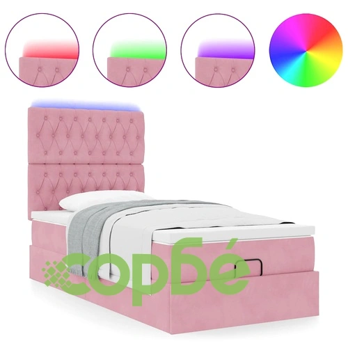 Османско легло с матраци и LED осветление, 100x200 см, розово кадифе ➤ топ цена ➤ sorbe.bg