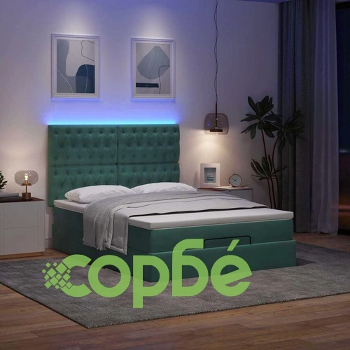 Луксозно Османско Легло с Матраци и LED Осветление, 140x190 см, Тъмнозелено Кадифе ➤ топ цена ➤ sorbe.bg
