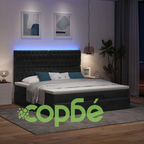 Луксозно османско легло с 2 матрака и LED осветление, черно, 200x200 см, кадифе ➤ топ цена ➤ sorbe.bg
