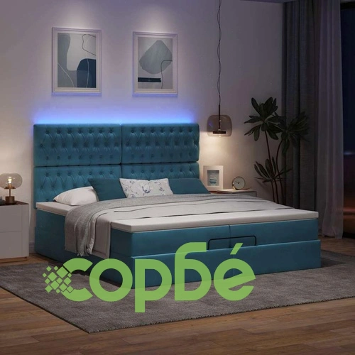 Луксозно Османско Легло с Матраци и LED Осветление, 200x200 см, Тъмносиньо Кадифе ➤ топ цена ➤ sorbe.bg