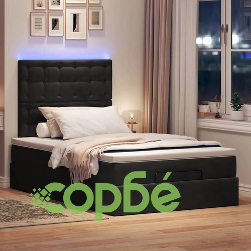 Османска спалня с матрак, топ матрак и LED осветление, 120x190 см, черно кадифе ➤ топ цена ➤ sorbe.bg