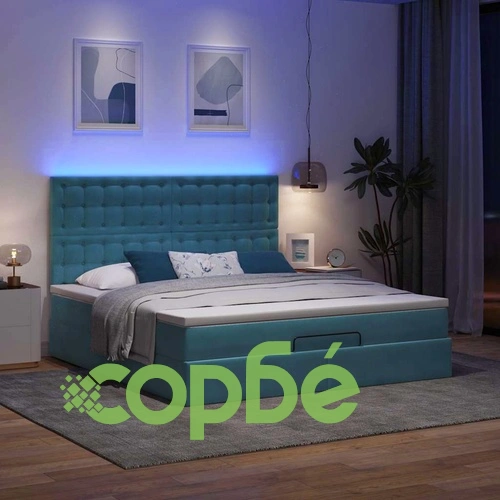 Луксозно Османско Легло с Матраци и LED Осветление, 160x200 см, Тъмносиньо Кадифе ➤ топ цена ➤ sorbe.bg