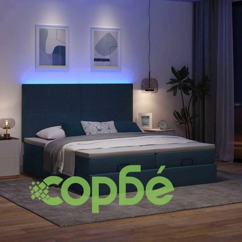 Луксозно османско легло с матраци и LED осветление, 160x200 см, синя текстилна тапицерия ➤ топ цена ➤ sorbe.bg