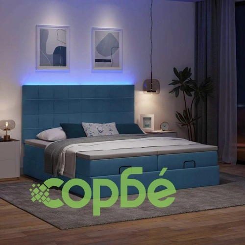 Османска спалня 160x200 см с матраци, LED осветление и място за съхранение, синя, плат ➤ топ цена ➤ sorbe.bg