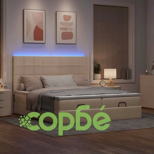 Османско легло с матраци и LED осветление, кремаво, 180x200 см, текстилна тапицерия ➤ топ цена ➤ sorbe.bg