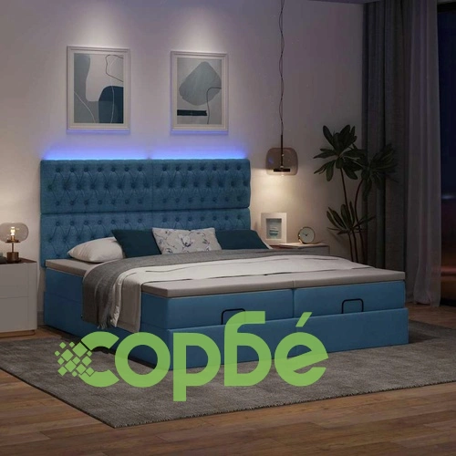 Луксозно османско легло с матраци и LED осветление, 160x200 см, синя текстилна тапицерия ➤ топ цена ➤ sorbe.bg