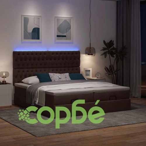 Тапицирано легло с матраци и LED осветление, тъмнокафяво, 180x200 см, плат ➤ топ цена ➤ sorbe.bg