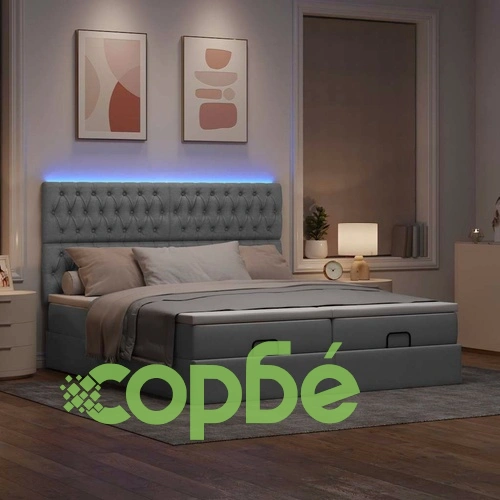 Османско легло с матрак и LED осветление, светлосиво, 200x200 см, полиестерен плат ➤ топ цена ➤ sorbe.bg