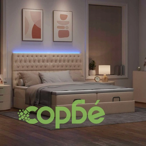 Османско легло с матрак и LED осветление, кремаво, 200x200 см, полиестерен плат ➤ топ цена ➤ sorbe.bg
