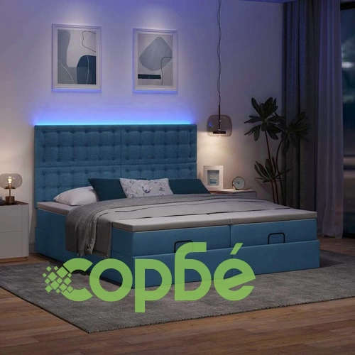 Луксозно османско легло с матраци и LED осветление, 160x200 см, синя текстилна тапицерия ➤ топ цена ➤ sorbe.bg