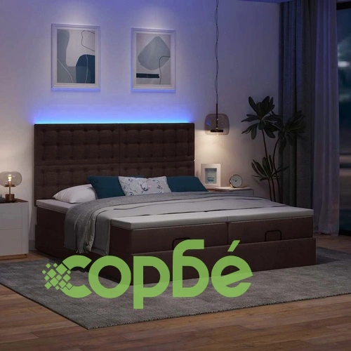Османска спалня с матраци и LED осветление, 180x200 см, тъмнокафява, текстилна тапицерия ➤ топ цена ➤ sorbe.bg