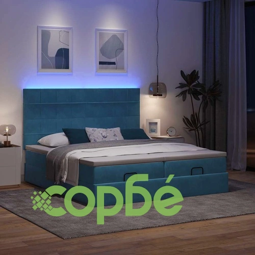 Османска спалня с матраци и LED осветление, 200x200 см, тъмносиньо кадифе ➤ топ цена ➤ sorbe.bg