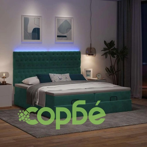 Османска спалня с матраци и LED осветление, 180x200 см, тъмнозелено кадифе ➤ топ цена ➤ sorbe.bg