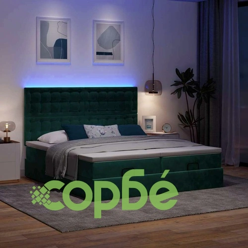 Луксозно османско легло от кадифе с матраци и LED осветление, тъмнозелено, 160x200 см ➤ топ цена ➤ sorbe.bg