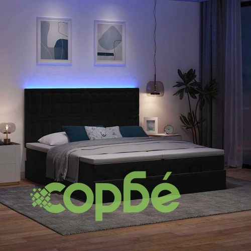 Османска спалня с матраци и LED осветление, 200x200 см, черно кадифе ➤ топ цена ➤ sorbe.bg