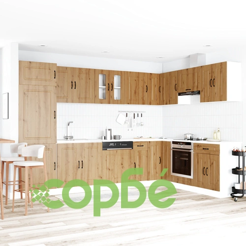 Кухненски шкаф Калмар с двойни мивки от инженерна дървесина в цвят златист дъб, 80 x 46 x 81.5 см ➤ топ цена ➤ sorbe.bg