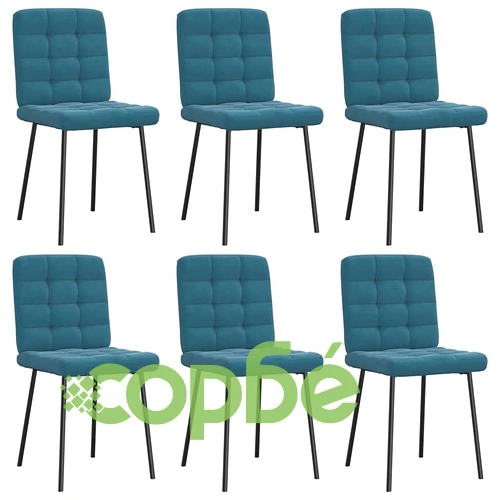 Луксозен комплект от 6 трапезни стола с кадифена тапицерия в син цвят ➤ топ цена ➤ sorbe.bg