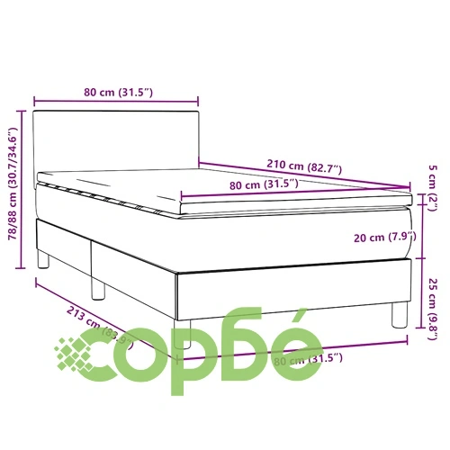 Луксозно Боксспринг Легло с Матрак от Кадифе, Светлосиво, 80x210 см ➤ топ цена ➤ sorbe.bg